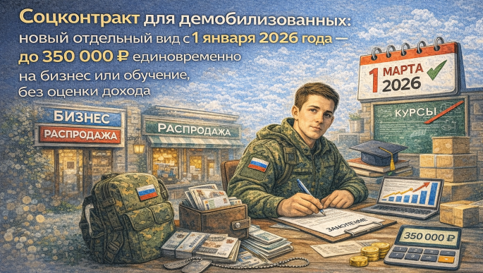 Соцконтракт для демобилизованных: новый отдельный вид с 1 января 2026 года — до 350 000 ₽ единовременно на бизнес или обучение, без оценки дохода